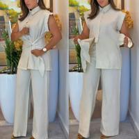 ChicMe Women's 2 Pieces Sleeveless Knotted Button Polo Shirt with Casual Wide-Leg Pants Set