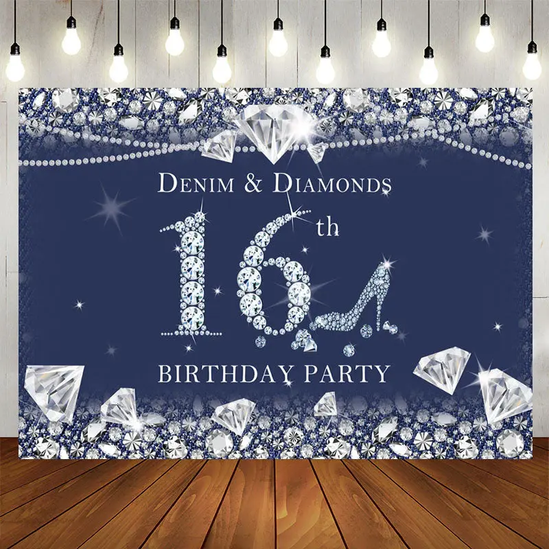 Aperturee Dark Blue Denim Diamonds 16Th Birthday Backdrop