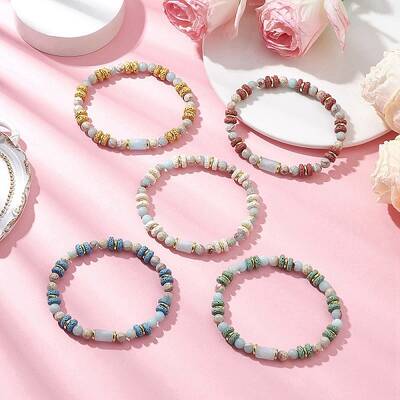 Natural Lava Rock & Synthetic Aqua Terra Jasper & Natural Aquamarine Beads Strethch Bracelets