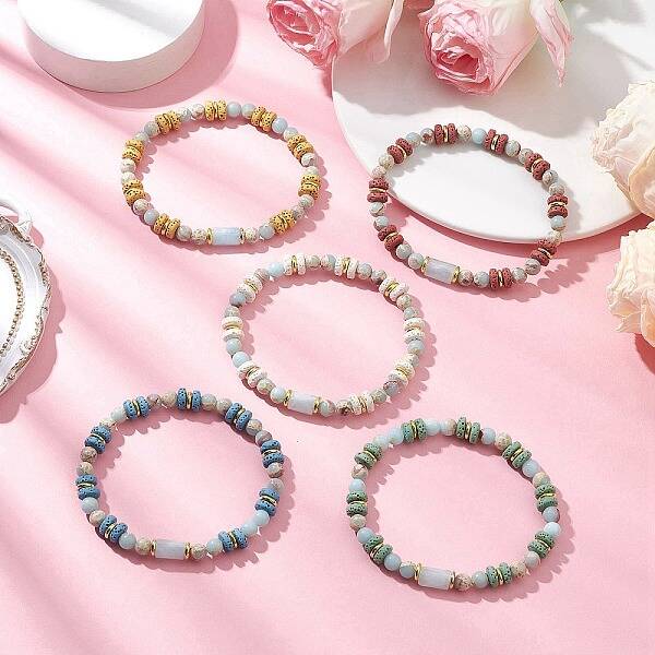 Natural Lava Rock & Synthetic Aqua Terra Jasper & Natural Aquamarine Beads Strethch Bracelets
