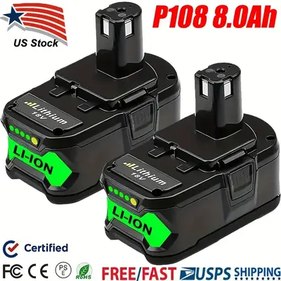 4 Packs 8.0Ah 18V Lithium Rechargeable Batteries, Compatible With Ryobi 18 Volt ONE Plus Series, High Capacity P108 Replaceme...
