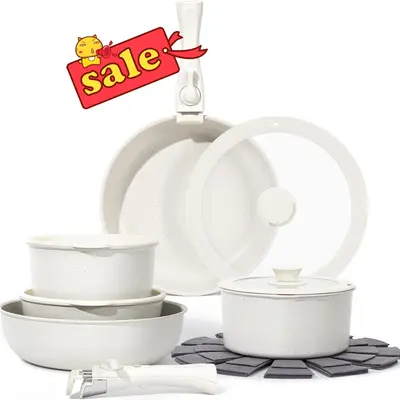 SODAY Pastel 15pcs Nonstick Cookware Set ,Detachable Handles, Stackable Design for RV and Small Spaces, Oven and Induction Sa...