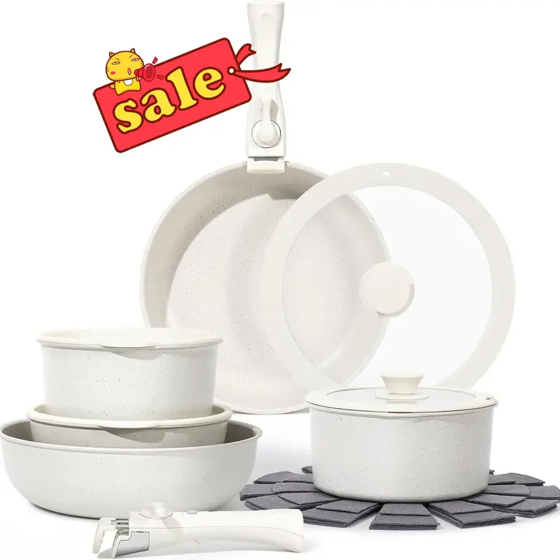 SODAY Pastel 15pcs Nonstick Cookware Set ,Detachable Handles, Stackable Design for RV and Small Spaces, Oven and Induction Sa...