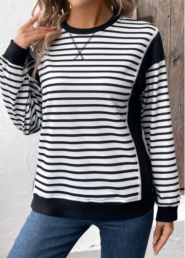 Modlily Black Patchwork Striped Long Sleeve Round Neck Sweatshirt - XXL