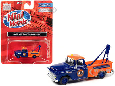 1957 Chevrolet Stepside Tow Truck Gulf Blue and Orange 1/87 (HO) Scale Model Car by Classic Metal Works