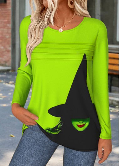 Modlily Halloween Neon Green Tummy Coverage Long Sleeve T Shirt - L