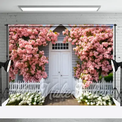 Pink White Floral White Door Wall Fence Backdrop - Aperturee