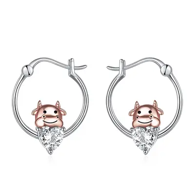 Sterling Silver Two-tone Heart Shaped Cubic Zirconia Cow Hoop Earrings
