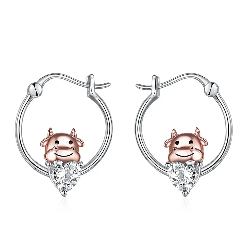 Sterling Silver Two-tone Heart Shaped Cubic Zirconia Cow Hoop Earrings