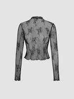Women's Mock Neck Sheer Floral Lace Tee, Elegant Fitted Classy Light Long Sleeve T-shirt for Daily Wear, Ladies Clothes for E...