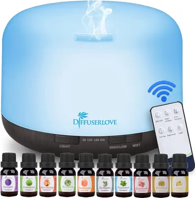 Diffuserlove Essential Oil Diffuser 500ML Aromatherapy Diffuser Mist Humidifiers 7 Color with remote controler and LED Lights...