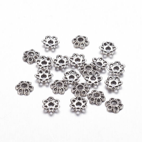 6-Petal Tibetan Style Alloy Hollow Flower Bead Caps
