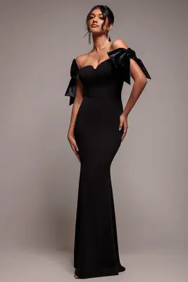 Goddiva Scuba Off The Shoulder Velvet Bow Maxi Dress - Black