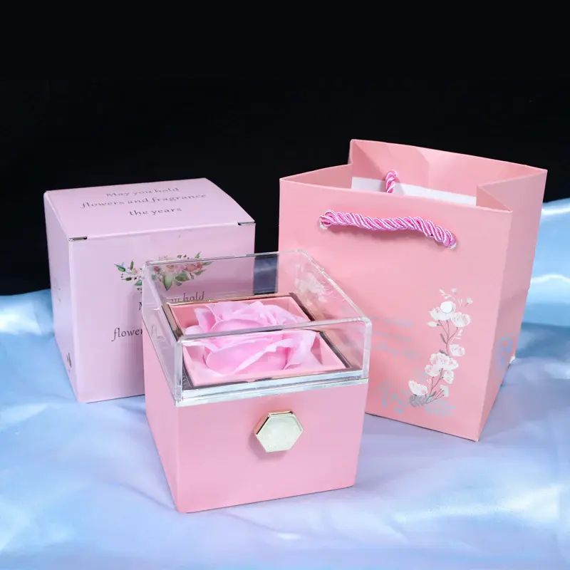 Rotating Soap Flower Rose Gift Box Creative Rotating Rose Jewelry Packaging Box Valentine's Day Gift For Women | Color: Pink