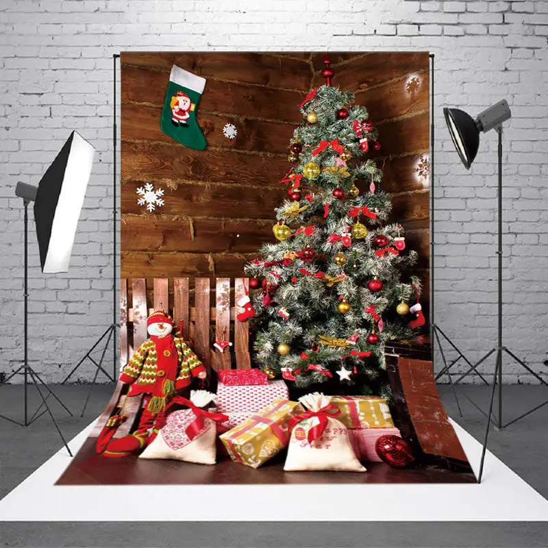 Aperturee Wooden Wall Fence Xmas Tree Gifts Christmas Backdrop