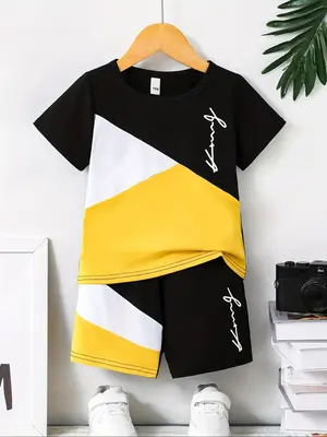 Two-piece Set Boy's Colorblock Letter Print Tee & Shorts Set, Casual Short Sleeve T-shirt & Shorts, Summer Clothes for Kids