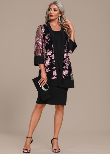 Modlily Embroidery Black Two Piece Shift Dress and Cardigan - M