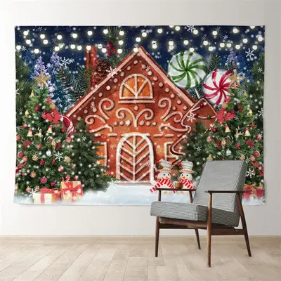 Aperturee Gingerbread House Candy Tree Snow Xmas Backdrop