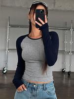Women's Colorblock Raglan Sleeve Tee, Casual Slim Long Sleeve Round Neck T-shirt for Fall & Winter, Women's Top for Daily W...