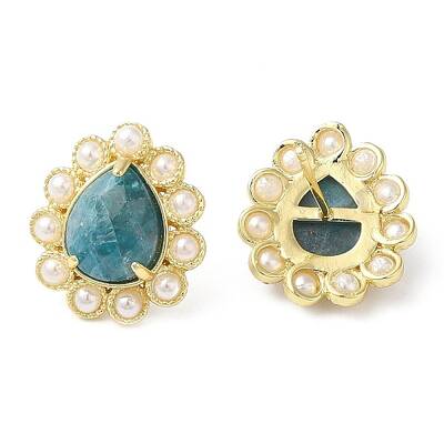 Ion Plating(IP) Natural Apatite Teardrop Stud Earrings with Plastic Pearl Beaded