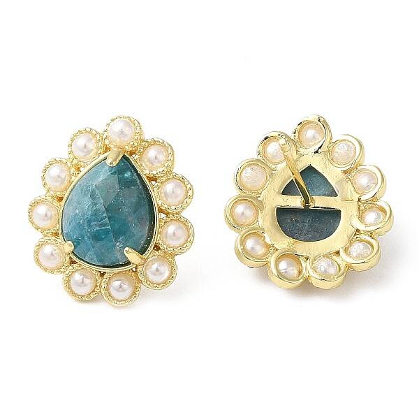 Ion Plating(IP) Natural Apatite Teardrop Stud Earrings with Plastic Pearl Beaded