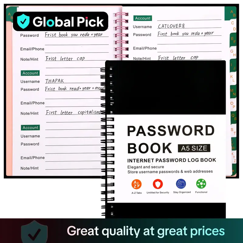 Password Book with Alphabetical Pages, 1 Count A5 Password Logbook, Internet Website Password Keeper, Personalized Logbook fo...