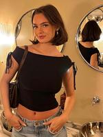 Women's Solid Off Shoulder Tie Detail Crop Tee, Casual Fashion Short Sleeve T-shirt for Summer, Women's Top for Daily Wear, Y...