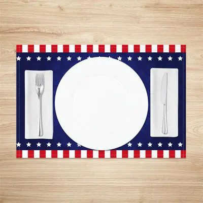 Blue Gift Print Red Stripe Star Set Of 4 Placemats - Aperturee