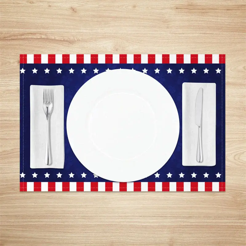Blue Gift Print Red Stripe Star Set Of 4 Placemats - Aperturee