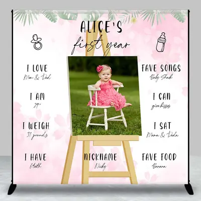 White Pink Floral Leaf Custom 1st Birthday Backdrop - Aperturee