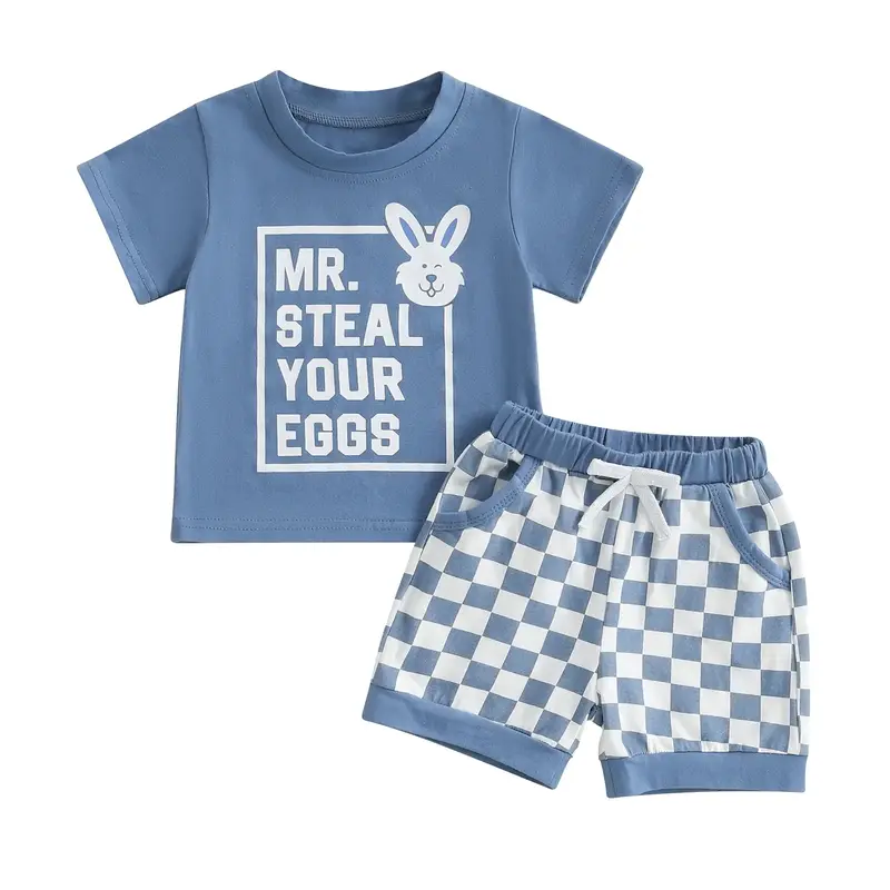 Toddler Baby Boy Easter Outfit Letter Bunny Short Sleeve T-shirt Checkered Shorts 2 Piece Summer Clothes Set