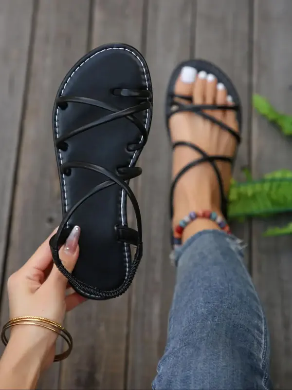 Women's Plain Color Criss Cross Strap Slip on Sandals, Casual Summer Pu Leather Flat Sandals for Outdoor Beach, All-match Com...