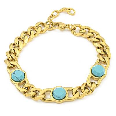304 Stainless Steel & Synthetic Turquoise Polygon Link Bracelets for Women
