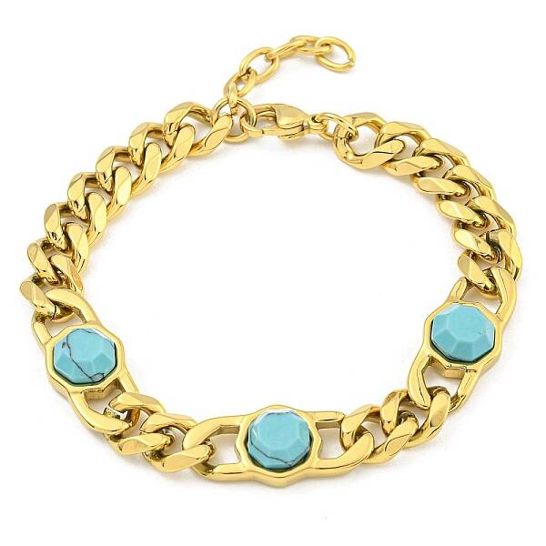 304 Stainless Steel & Synthetic Turquoise Polygon Link Bracelets for Women