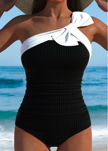 Modlily Contrast Binding Asymmetry Black Tankini Set - L