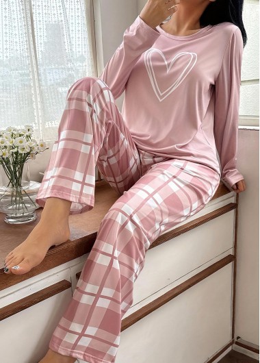 Modlily Light Pink Plaid Long Sleeve Lounge Top and Pants - 3XL