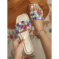 Women Gold Rhinestone Slippers Fashionable Outdoor Flat Sandals New Casual Beach Shoes Soft Comfortable Plus Size Women Slide...