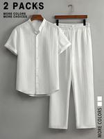 Two-piece Set Men's Plain Button Up Shortsleeve Shirt & Pants, Regular Fit Casual Comfy Short Sleeve Collared Top & Trousers ...