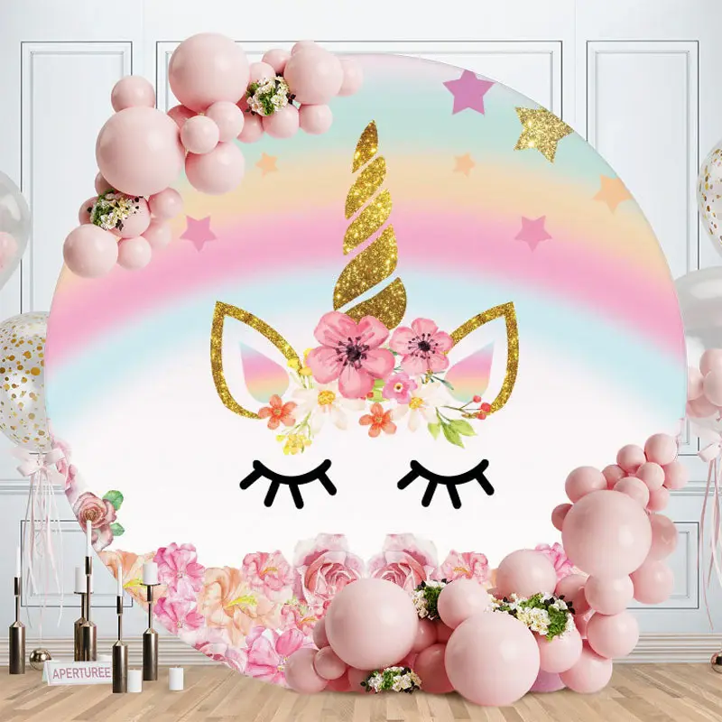 Aperturee Pink Flowers And Unicorn Theme Round Birthday Backdrop