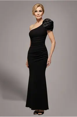 Goddiva One Shoulder Puffed Satin Sleeve Evening Maxi Dress - Black