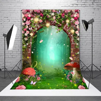 Floral Brick Arch Mushroom Firefly Forest Backdrop - Aperturee