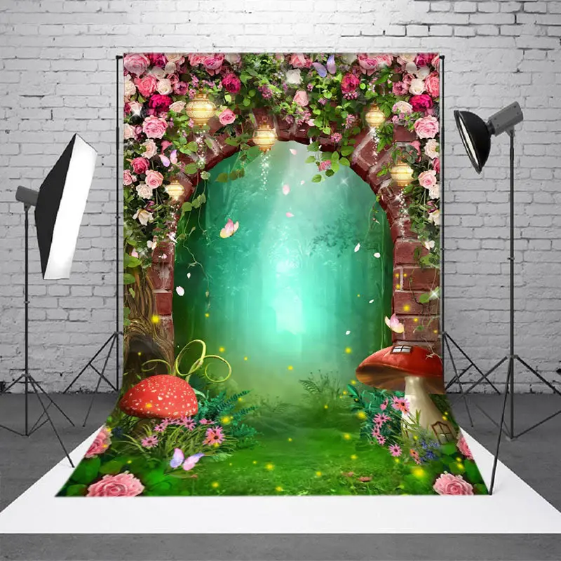 Floral Brick Arch Mushroom Firefly Forest Backdrop - Aperturee