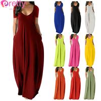 Spring and summer women's fashion casual temperament simple solid color sexy deep V short sleeve long skirt with pockets