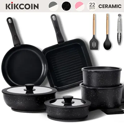 [Mom's Pick]Kikcoin Non-Toxic Nonstick Ceramic 22 pcs pots and pans set complete Cookware Set with Lids,Detachable Handle,PFA...