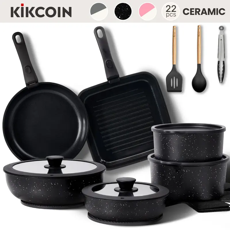 [Mom's Pick]Kikcoin Non-Toxic Nonstick Ceramic 22 pcs pots and pans set complete Cookware Set with Lids,Detachable Handle,PFA...