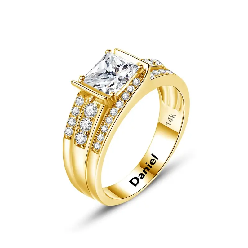 10K Gold Princess Shaped Moissanite Personalized Engraving & Engagement Ring for Men