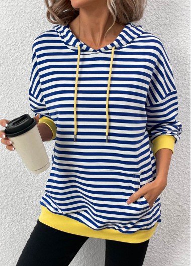 Modlily Blue Patchwork Striped Long Sleeve Hoodie - XXL