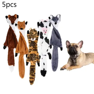 Cartoon Animal Shaped Pet Plush Toy, 5 Counts Durable Pet Chew Toy, Pet Interactive Toy, Pet Supplies