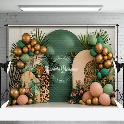 Tribal Plant Leopard Balloons Cake Smash Backdrop - Aperturee