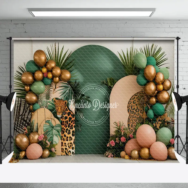 Tribal Plant Leopard Balloons Cake Smash Backdrop - Aperturee